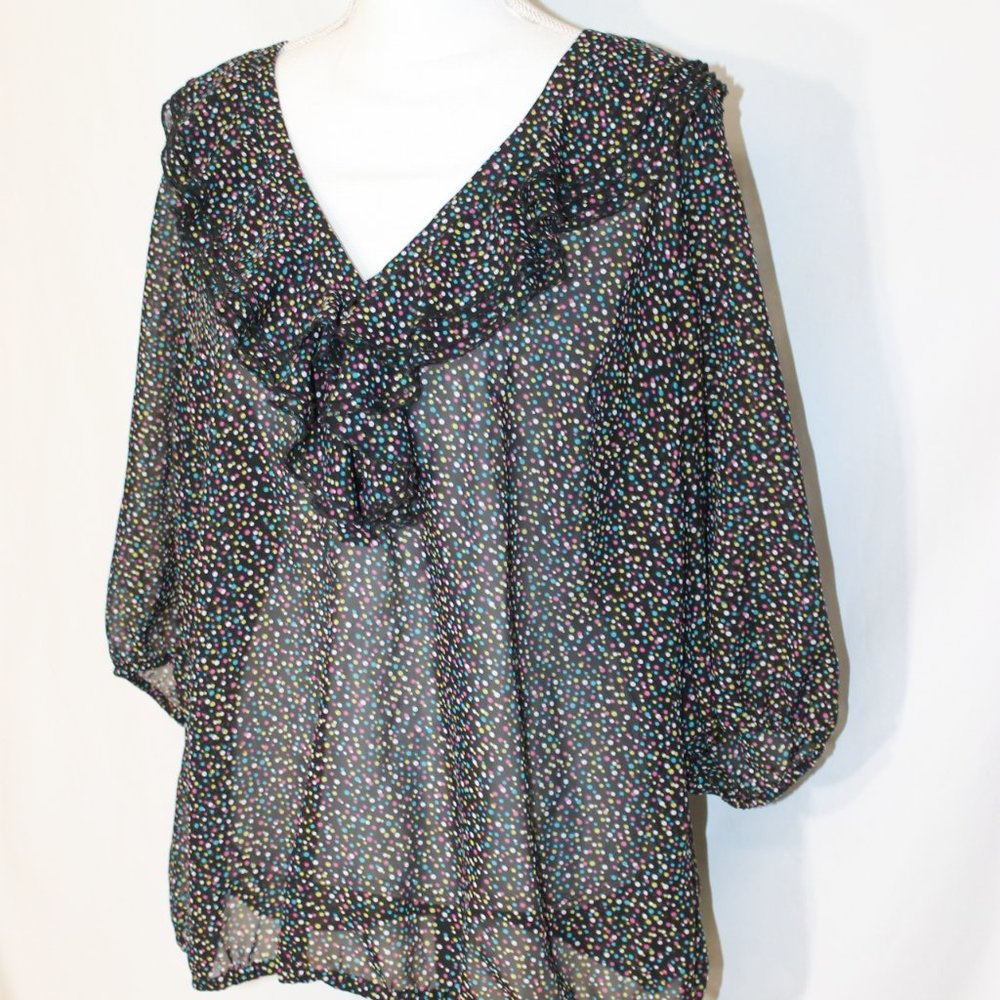 LANE BRYANT Blouse Woman 18/20 Black 3/4 Sleeve  Frill V-Neck Polka Dot L/W